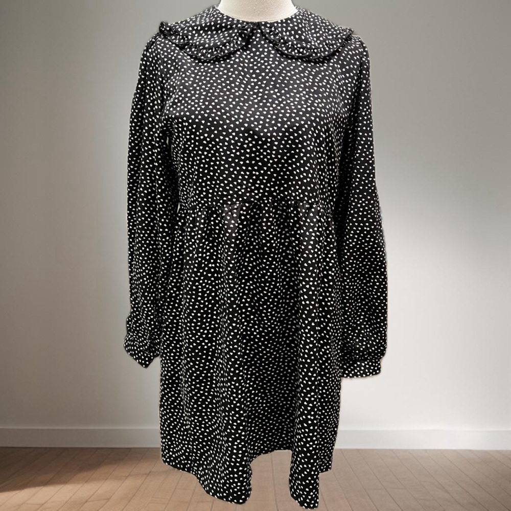 Daisy Street Ditsy Black & White Polka Hearts Collar Baby Doll Mini Dress Size M